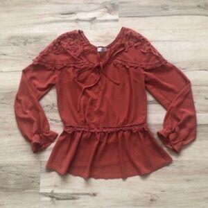 Rusty Brownish Ruffled Peplum Blouse with Bishop Sleeves